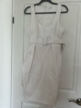 Sleeveless White Belted Midi Sheath Dress